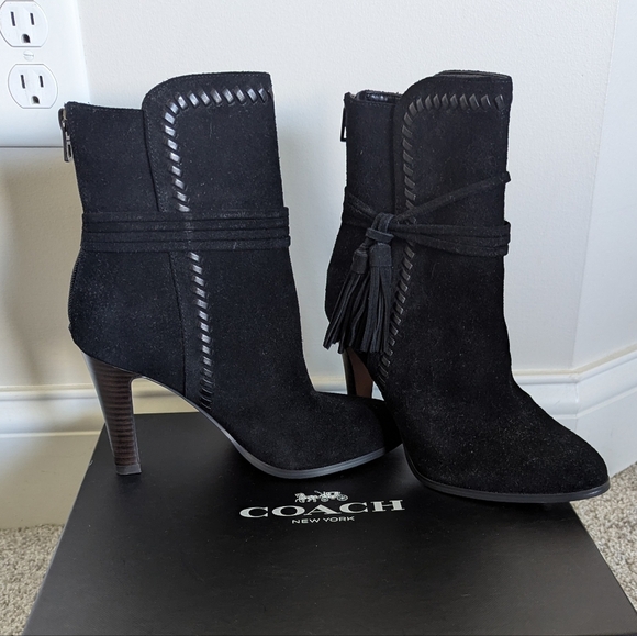 Coach Jessie Suede Silky Nappa Black Tassel Heeled Boots sz 7 - Picture 1 of 10